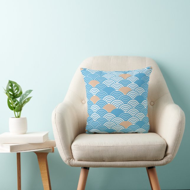 Japanese Waves Pattern Light Blue Beige White  Cushion (Chair)