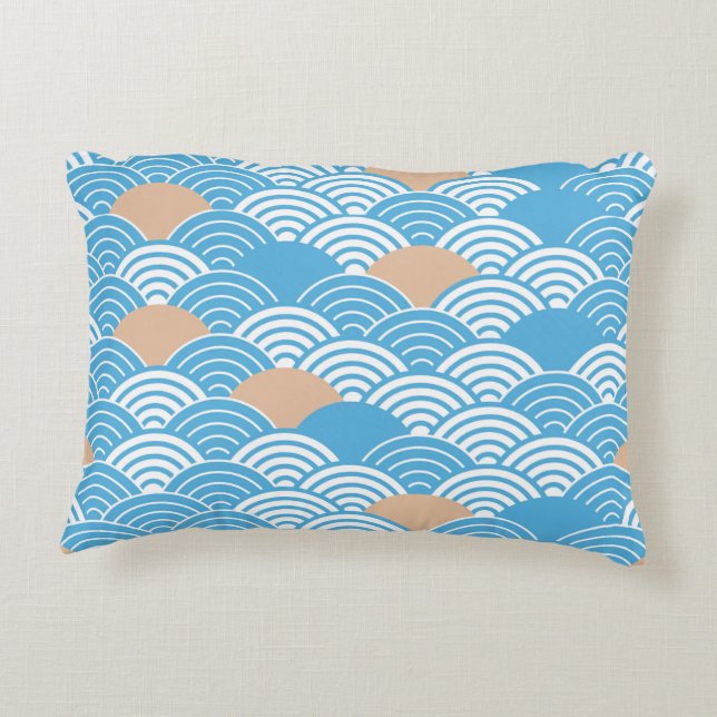 Japanese Waves Pattern Light Blue Beige White  Decorative Cushion (Back)