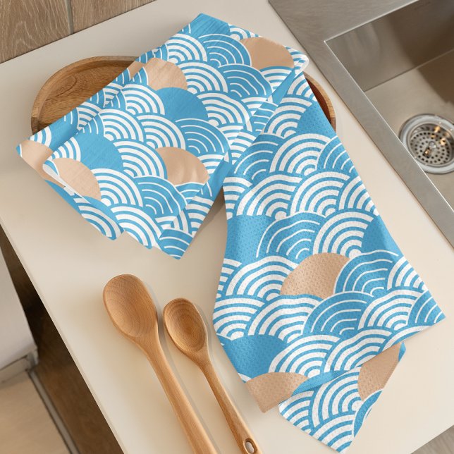 Japanese Waves Pattern Light Blue Beige White  Tea Towel (Creator Uploaded)