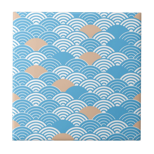 Japanese Waves Pattern Light Blue Beige White Tile (Front)
