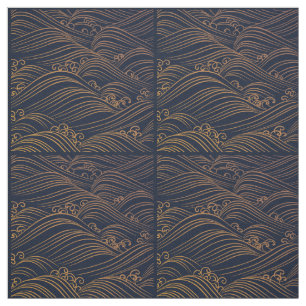 Japanese Waves Pattern Navy Blue and Gold Brown Fabric