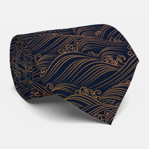 Japanese Waves Pattern Navy Blue and Gold Brown Tie