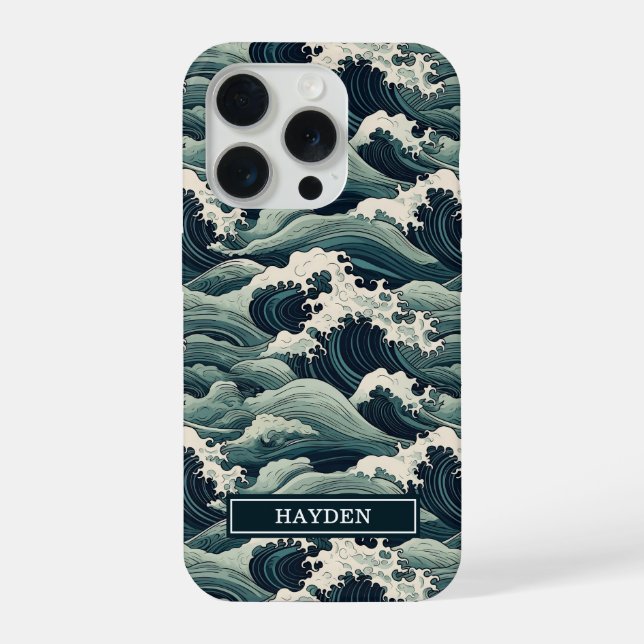 Japanese Waves Print Monogrammed iPhone Case (Back)
