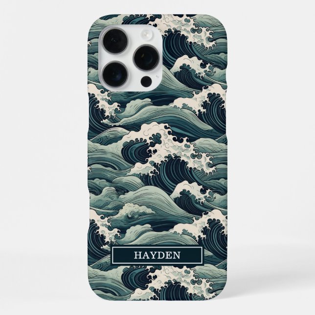 Japanese Waves Print Monogrammed iPhone Case (Back)