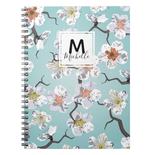 Japanese White Cherry Blossom Monogram Stationery Notebook (Front)