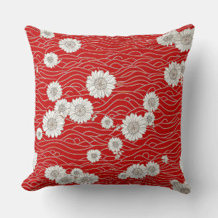Japanese White Chysanthemums on Red Waves Cushion