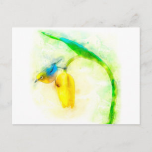 Japanese white eye bird on tulip watercolor postcard