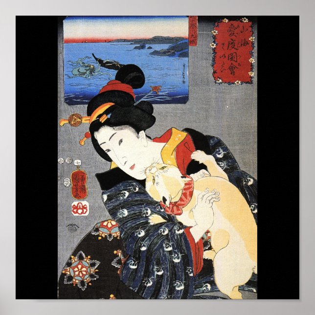 Japanese Woman and a Cat, c. 1800's Japan Poster (Front)