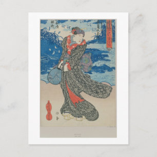Japanese woman by the sea (colour woodblock print) postcard