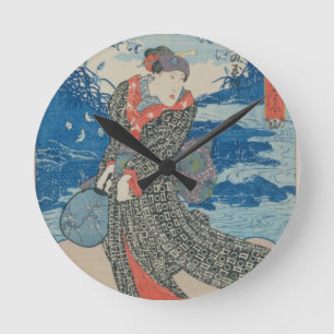 Japanese woman by the sea (colour woodblock print) round clock