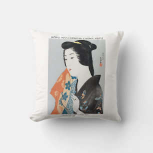 Japanese woman holding her towel - Goyō Hashiguchi Cushion