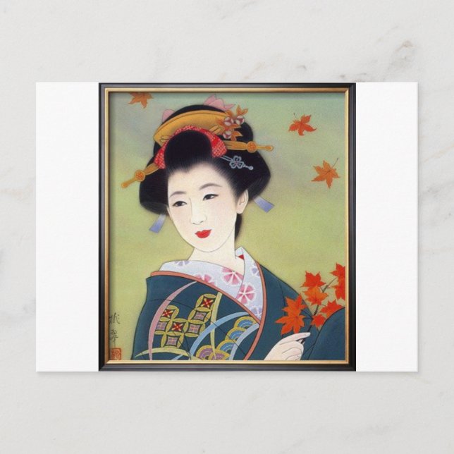 Japanese woman in blue kimono postcard (Front)