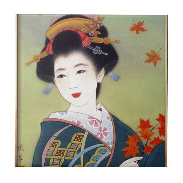 Japanese woman in blue kimono tile (Front)