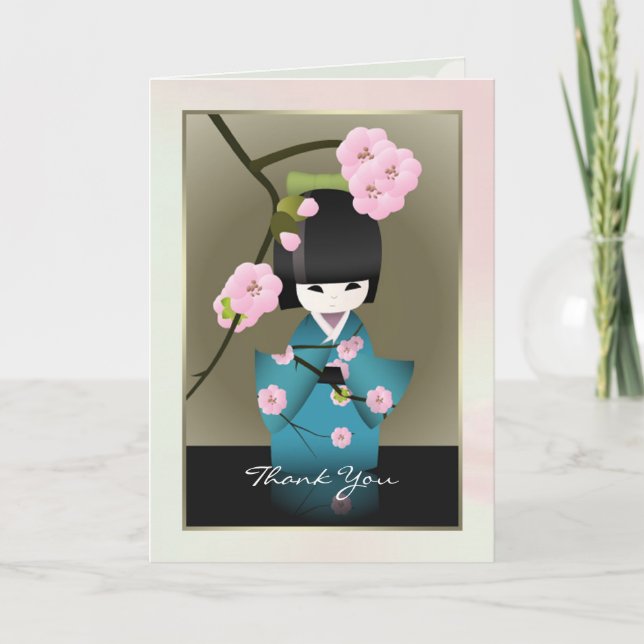 Japanese woman in Kimono and Sakura Thank you Card (Front)