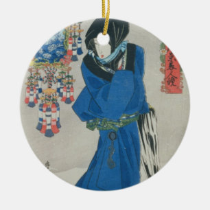 Japanese Woman in the Snow (colour woodblock print Ceramic Tree Decoration