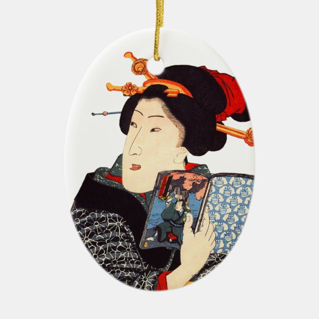 Japanese Woman Reading 2 Ceramic Tree Decoration (Front)