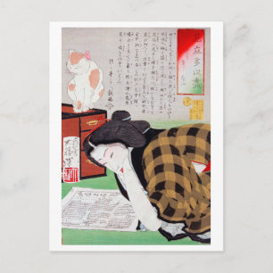 Japanese woman with Cat, Tsukioka Yoshitoshi Postcard