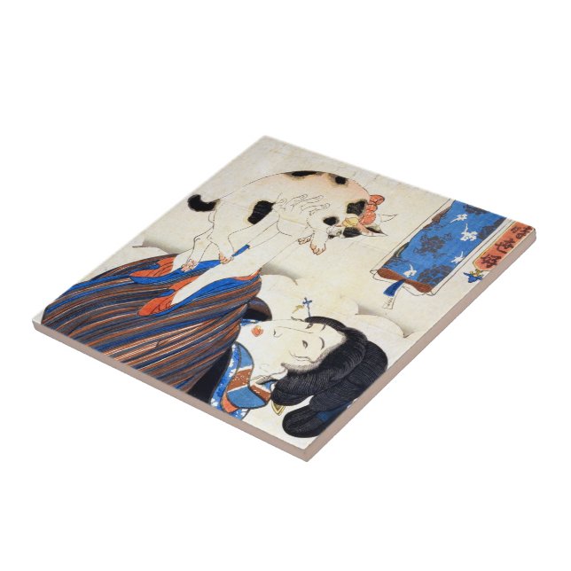 Japanese Woman with Cat, Utagawa Kuniyoshi Tile (Side)