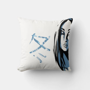 Japanese woman with winter kanji cushion