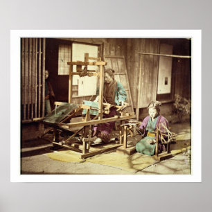 Japanese women weaving, c.1890 (hand-coloured phot poster