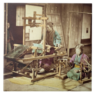Japanese women weaving, c.1890 (hand-coloured phot tile