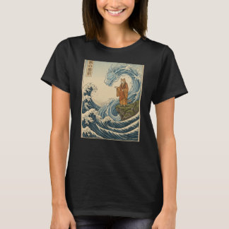 Japanese Woodblock Art Cat Monk Taming Water Drago T-Shirt