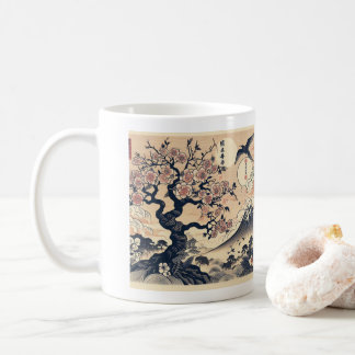 Japanese Woodblock Cherry Blossom Crane Mount Fuji Coffee Mug