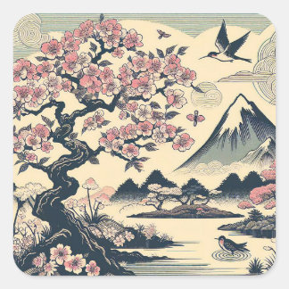 Japanese Woodblock Cherry Blossom Crane Mount Fuji Square Sticker