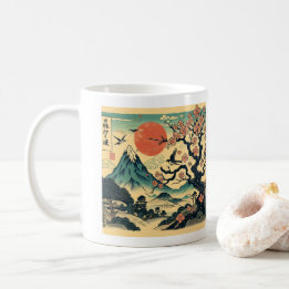 Japanese Woodblock Cherry Blossom Red Sun Mount Fu Coffee Mug