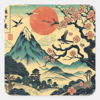 Japanese Woodblock Cherry Blossom Red Sun Mount Fu Square Sticker