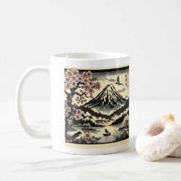 Japanese Woodblock Cherry Blossom Sun Mount Fuji Coffee Mug