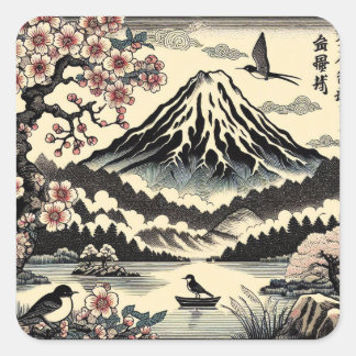 Japanese Woodblock Cherry Blossom Sun Mount Fuji Square Sticker