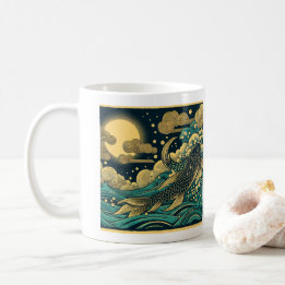 Japanese Woodblock Golden Koi Fish Leaping Waves A Coffee Mug