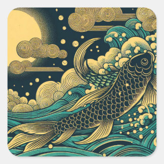 Japanese Woodblock Golden Koi Fish Leaping Waves A Square Sticker
