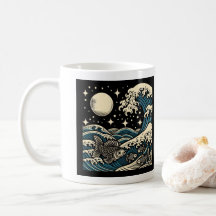Japanese Woodblock Great Wave Fish Starry Night