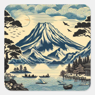 Japanese Woodblock Mount Fuji Lake Boats Pine Tree Square Sticker