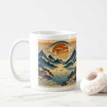 Japanese Woodblock Mountain Sunset Temple Lake Art