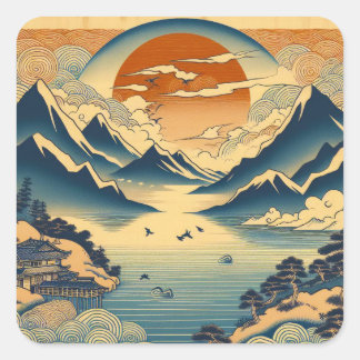 Japanese Woodblock Mountain Sunset Temple Lake Art Square Sticker