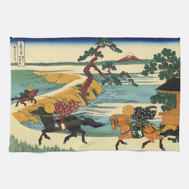 Japanese Woodblock Print Samurai Horse Chase Tea Towel (Horizontal)