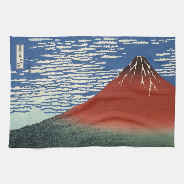 Japanese Woodblock: Red Fuji Southern Wind Tea Towel (Horizontal)
