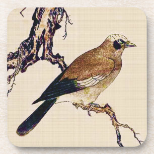 Japanese Woodcut of a Finch, Brown and Beige Coaster
