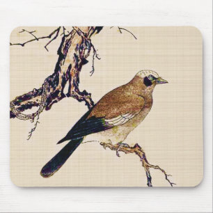 Japanese Woodcut of a Finch, Brown and Beige Mouse Pad