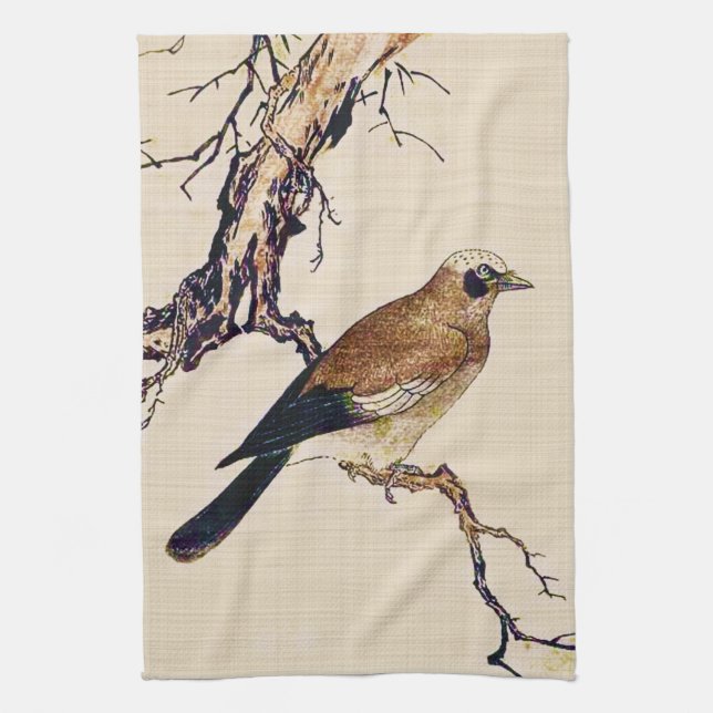 Japanese Woodcut of a Finch, Brown and Beige Tea Towel (Vertical)