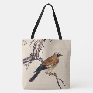 Japanese Woodcut of a Finch, Brown and Beige Tote Bag