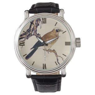 Japanese Woodcut of a Finch, Brown and Beige Watch