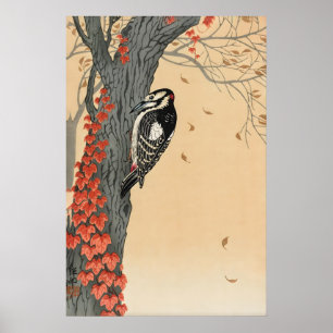 Japanese Woodpecker Art Print Ohara Koson Red Ivy