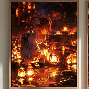 Japanese Yukata Girl, Floating Lanterns Poster