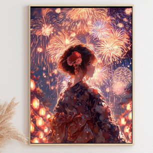Japanese Yukata Girl, Grand Fireworks Art Poster
