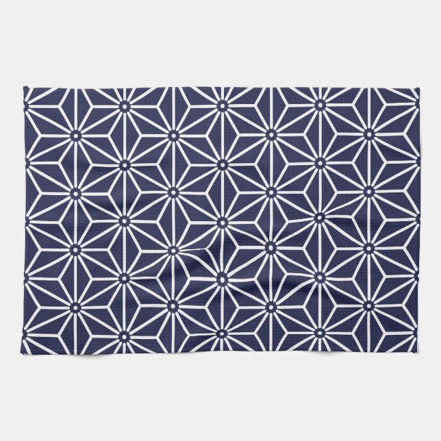 Japanese Yukata Jinbei Asanoha Navy Blue Oriental Tea Towel (Horizontal)