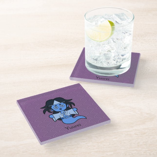 Japanese Yuurei Ghost: Cartoon Yokai Glass Coaster (Angled)